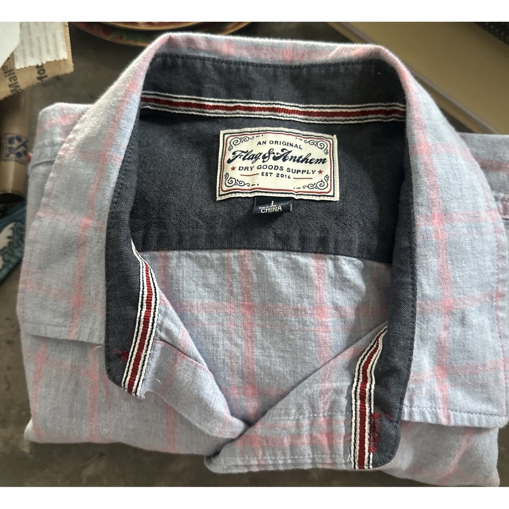 Flag & Anthem Mens XL Blue Pink Plaid Long Sleeve Button Down Shirt Pocket
